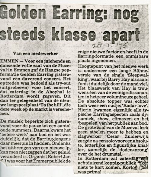 Golden Earring show review Earring: Nog steeds een klasse apart. January 28, 1976 Emmen - Muzeval